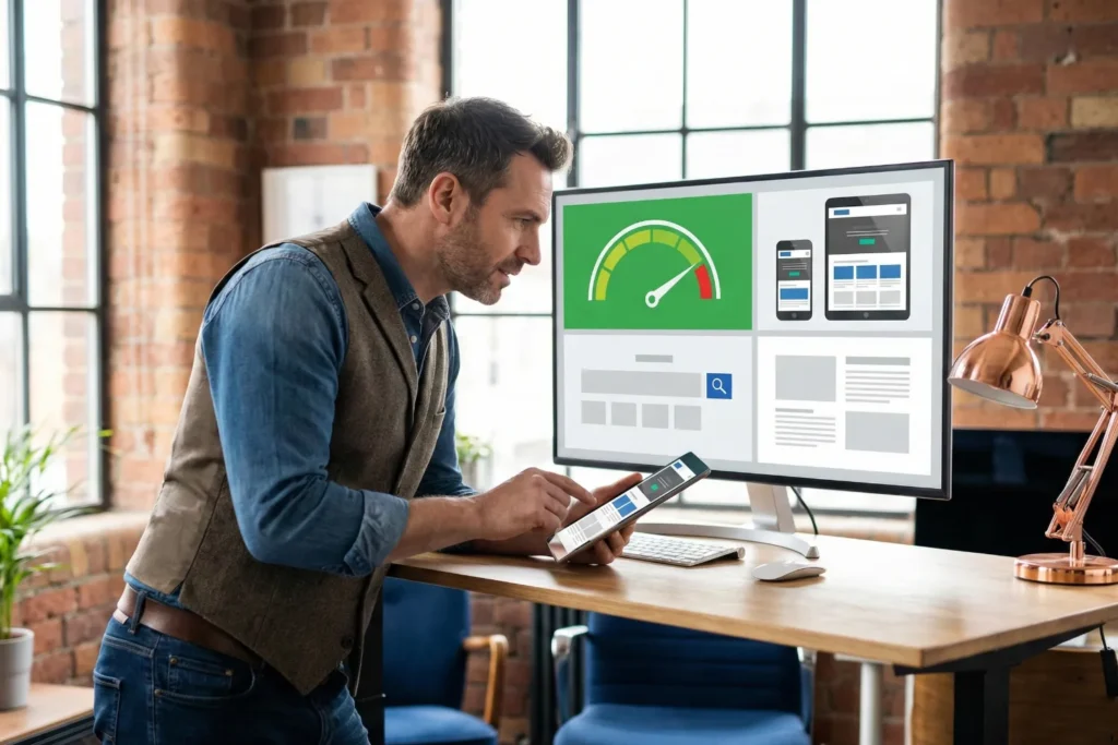 A man stands at a tall desk while reviewing website improvements on a large monitor and a tablet that show faster speed, mobile previews, and cleaner layout structure. These updates demonstrate simple changes that improve website retention and keep visitors engaged longer.