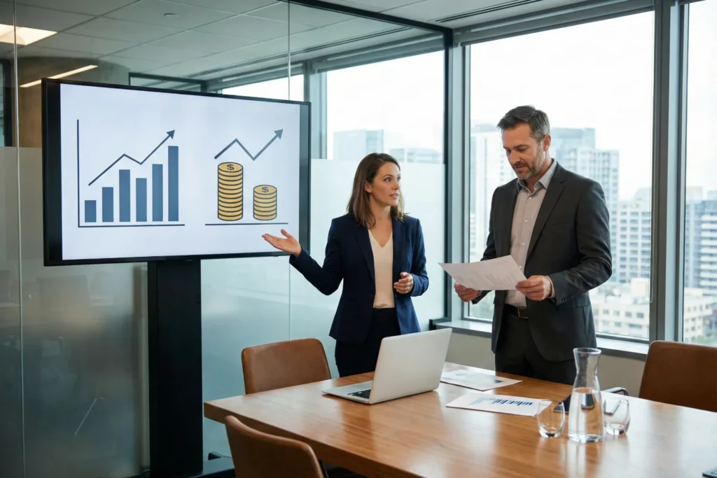 A woman presents rising conversion and revenue charts on a large screen to a male business owner inside a modern conference room. The visual comparison of lower acquisition costs and stronger returning visitor performance shows how retention strategies improve website retention and increase profitability.