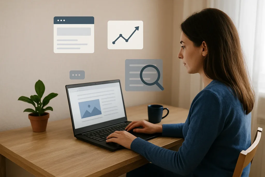 Woman optimising website content on laptop at desk