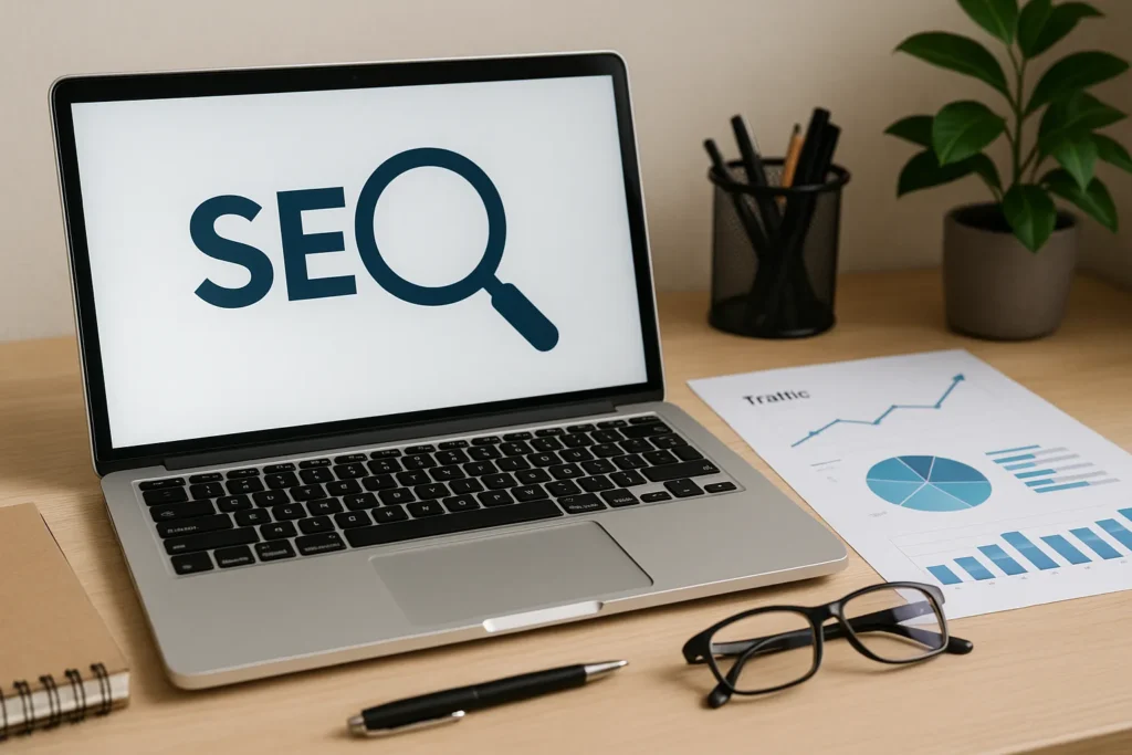 Brisbane office desk showing SEO analytics workspace 