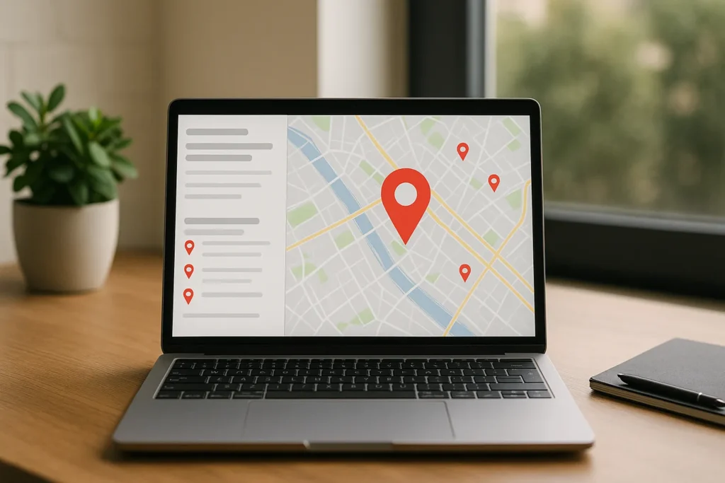 Laptop showing local map with location pins