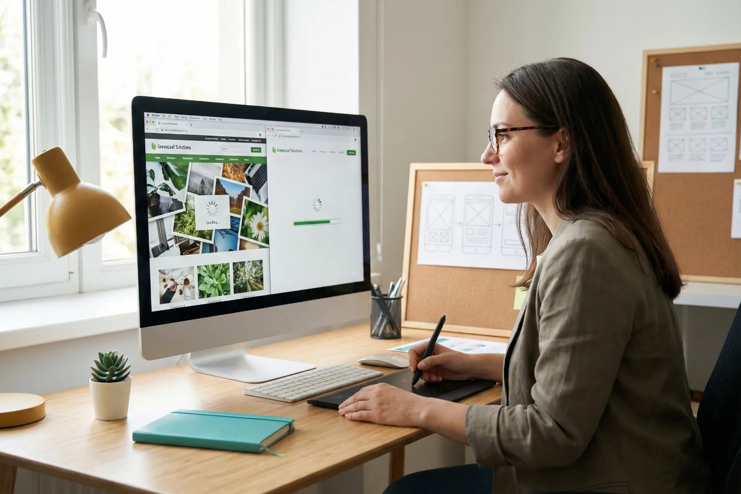 A woman web designer sits at a desk and reviews a split-screen website layout that shows a cluttered version beside a cleaner, organized design. The comparison highlights changes that help improve website retention by removing slow loading elements and confusing navigation.