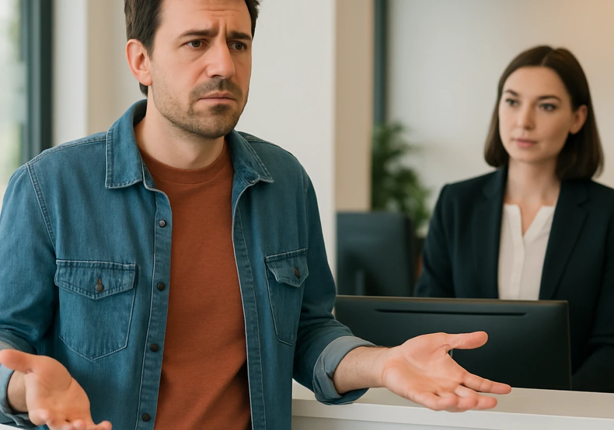 Customer in casual clothing standing at a reception desk