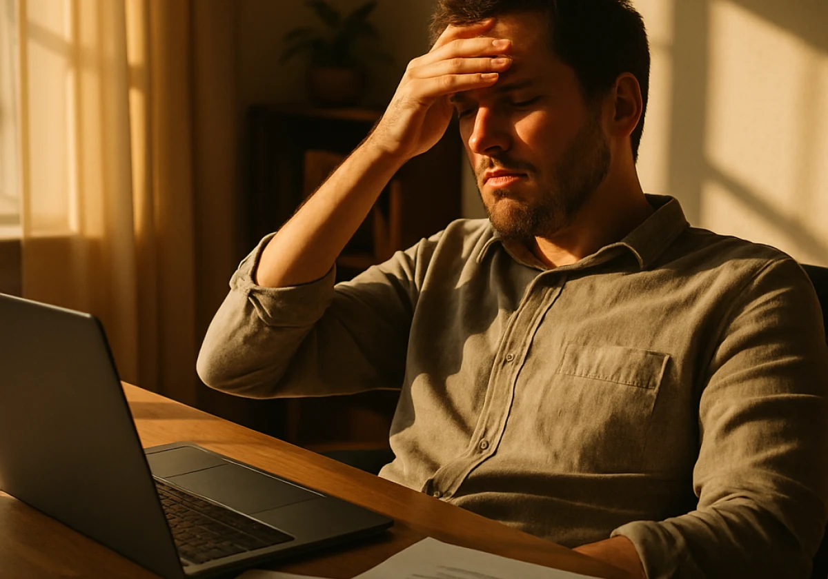 Frustrated person at a home office desk in afternoon light