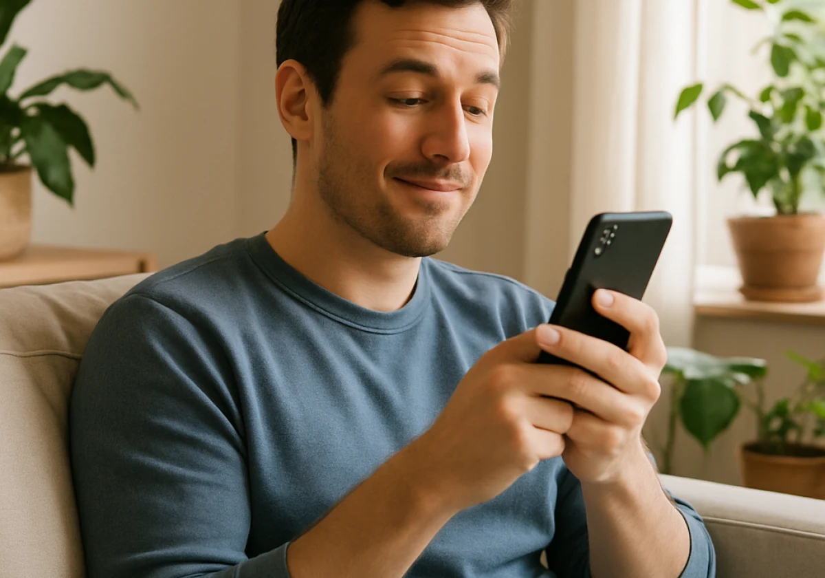 Person in casual clothing sitting on a light-colored couch