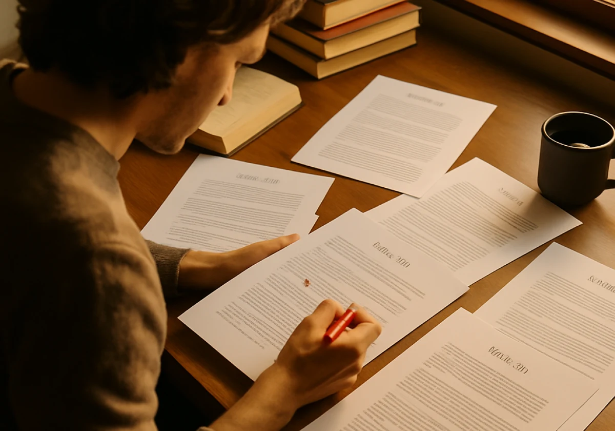 Writer seated at a desk with multiple printed blog post versions