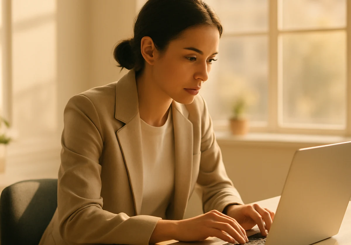 Young professional woman at a bright office desk in morning sunlight